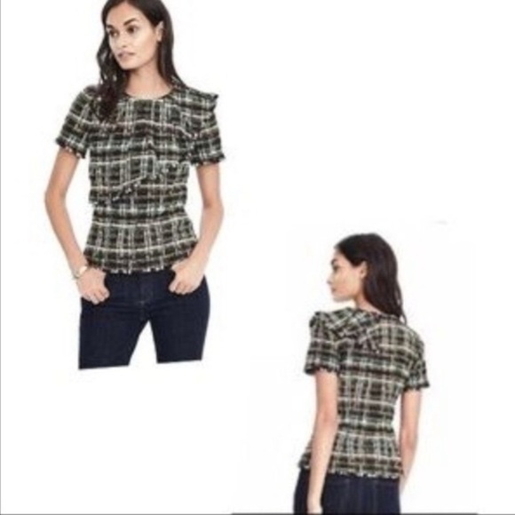 BANANA REPUBLIC CLARENSON tweed top ruffle back zip black white lined size 2 - Picture 1 of 15